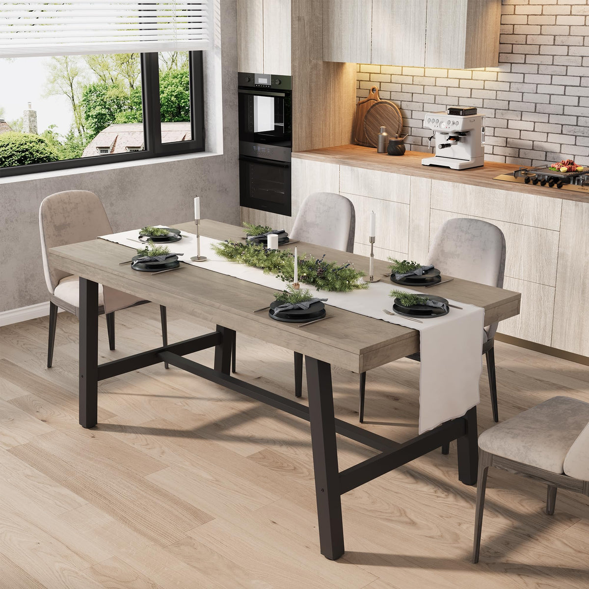 GarveeHome Industrial Dining Table for 6-8 People, 70.87" Long Large Kitchen Table with Sturdy Metal Frame, Rectangular Counter for Dinner, Kitchen, Dining Room (Grey, 71" Non-extendable)