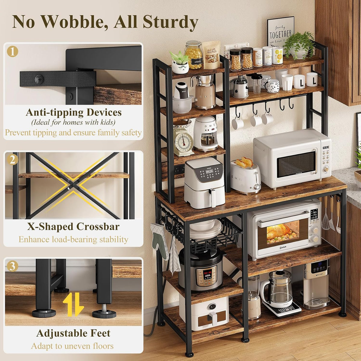 SNTD 6-Tier Bakers Rack with Power Outlets, 36 x 14.6 x 72 in, Rustic Brown