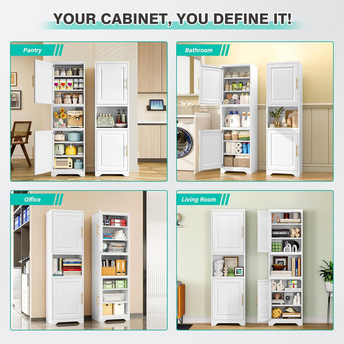 SISESOL 67" Tall Narrow Bathroom Storage Cabinet, 2 Door and 7 Shelves Slim Kitchen Pantry Cabinet, White Metal Bathroom Cabinets,Large Cupboard for Home,Kitchen,Laundry,Bathroom