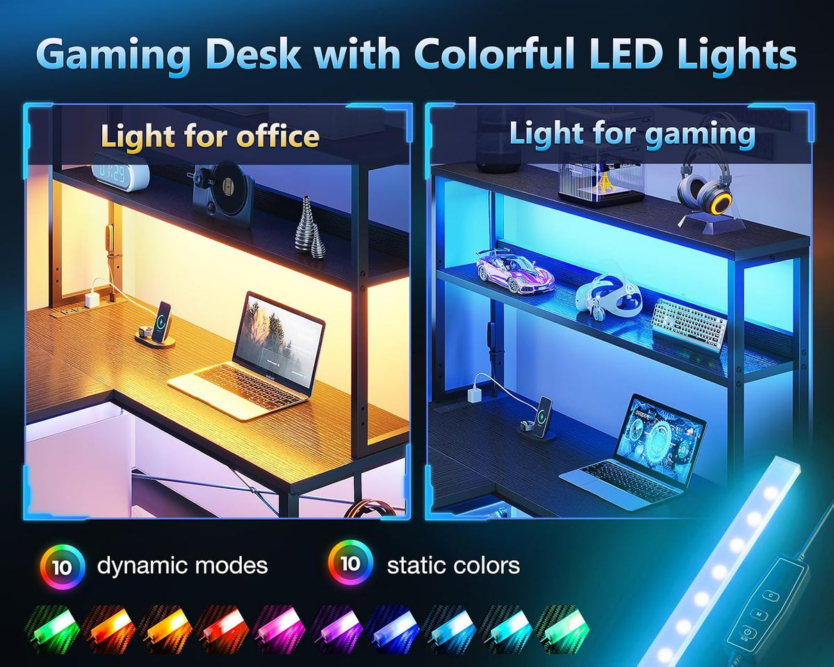 Casaottima L Shaped Gaming Desk with Hutch & Power Outlet & LED Lights