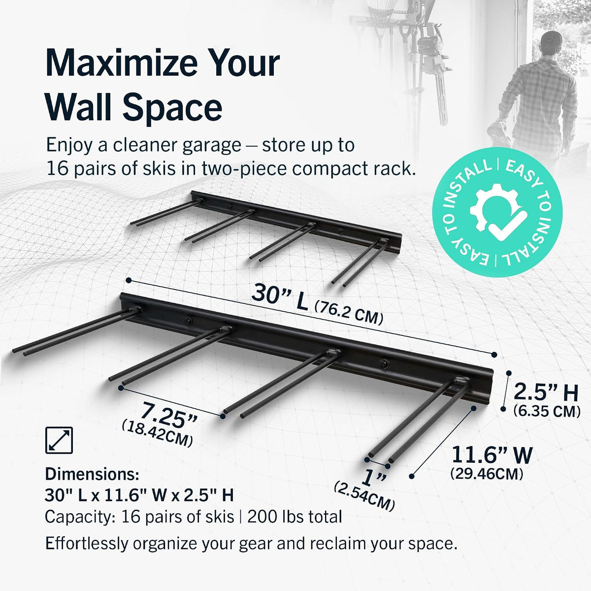 StoreYourBoard Ski Rack Wall Mount – Heavy-Duty Steel Ski Wall Mount Holds Up to 16 Pairs of Skis, Space-Saving Ski Rack for Garage, Home, or Cabin – Durable Wall Storage Organizer - Holds Up to 200lb