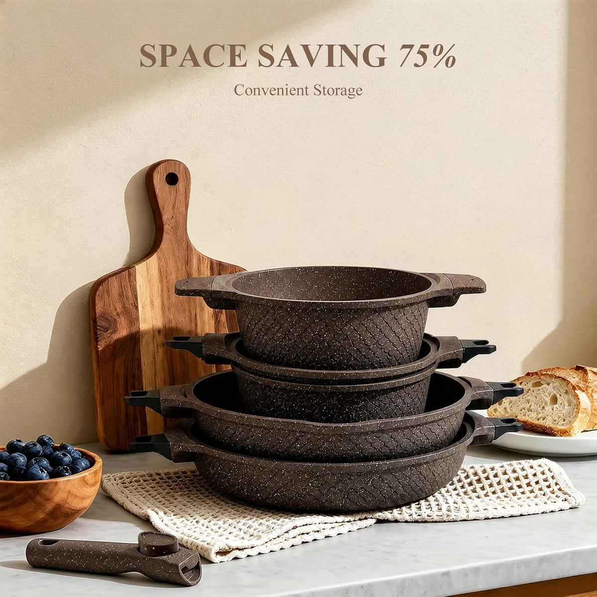 15pc Nonstick Cookware Set with Detachable Handles,Brown Finish Scale Shaped，Sauce pot and Pan，8-11 inches frying PAN,Aluminum Construction, Space-Saving Storage, Includes Utensils