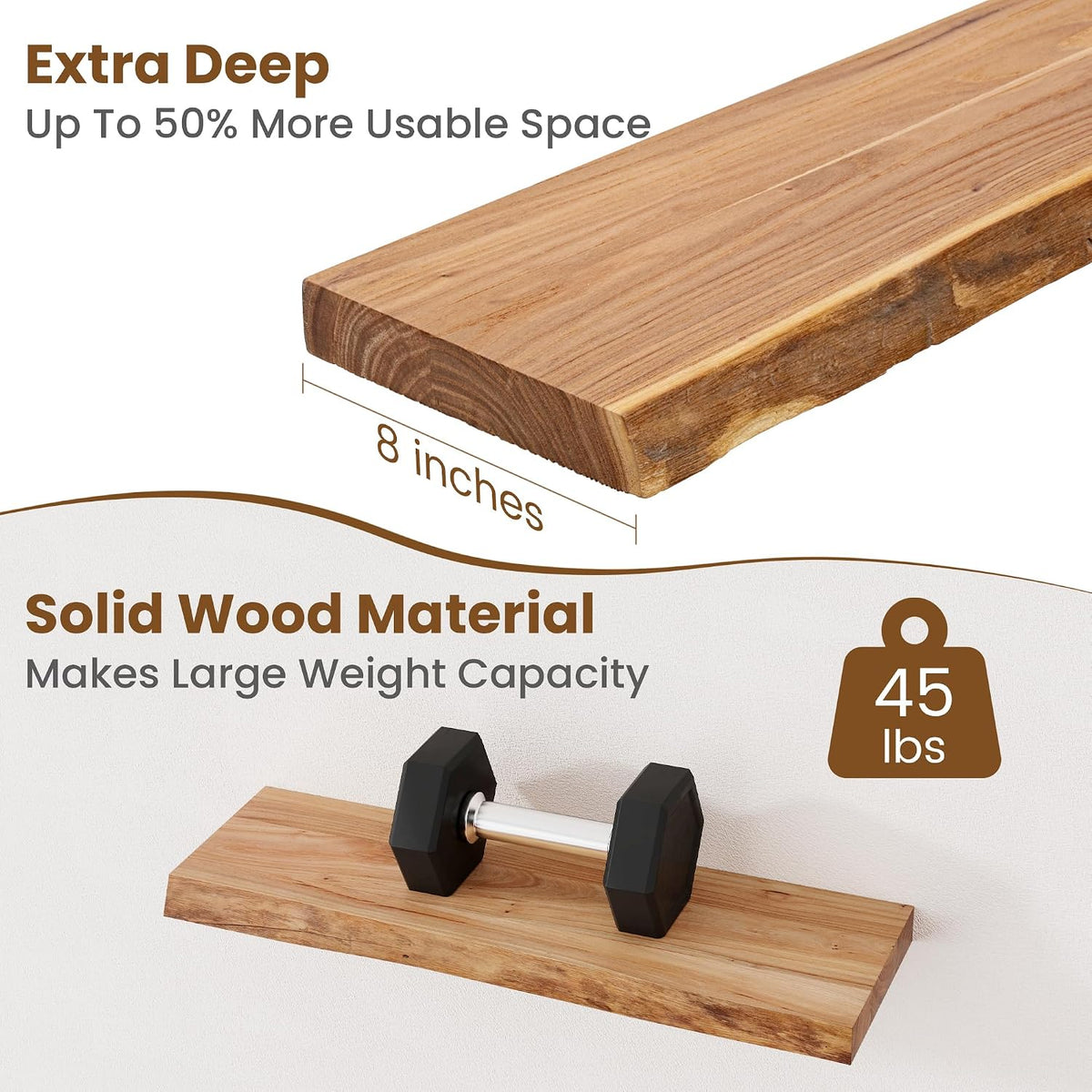 Floating Shelves for Wall, Solid Elm Wood Shelves, 24in Set of 2, Natural