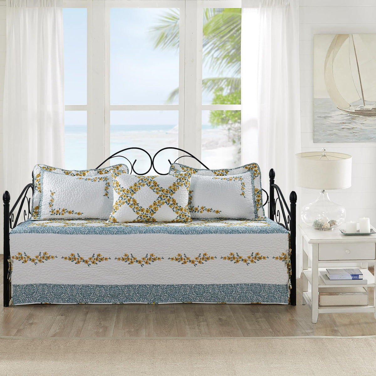 HESTIN 4Pcs Sky Blue Scallop Daybed Cover Set 75"x39" Petunia Embroidery