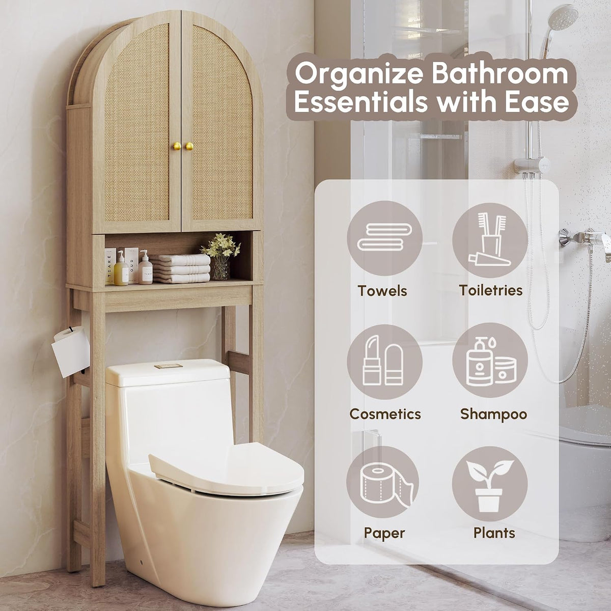 HMstone Over The Toilet Storage Cabinet, Arched Bathroom Organizer and Storage with Rattan Doors and Adjustable Shelf, Space-Saving Freestanding Bathroom Modern Storage Cabinet Over Toilet (Natural)