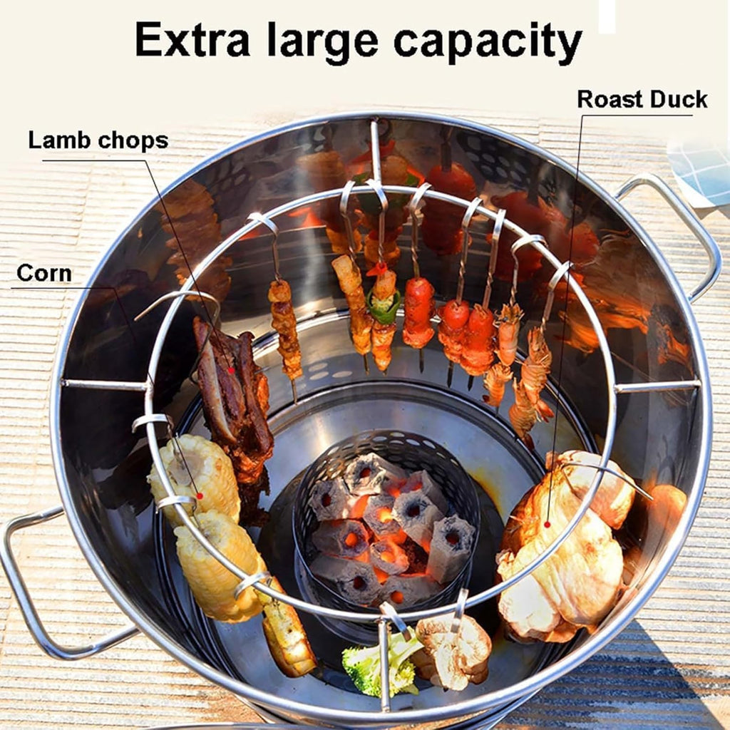 2-in-1 Heavy Duty Freestanding Charcoal BBQ Smoker - Cylinder One-piece Charcoal BBQ Grill w/3 S Hooks Can Hold 50 Skewers for Garden Camping Outdoor Cooking and Grilling
