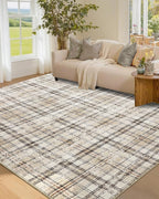 Modern Washable 8x10 Area Rug - Soft, Non-Slip, Stain Resistant, Farmhouse Tartan Plaid for Living Room, Bedroom, Nursery, Office - Beige