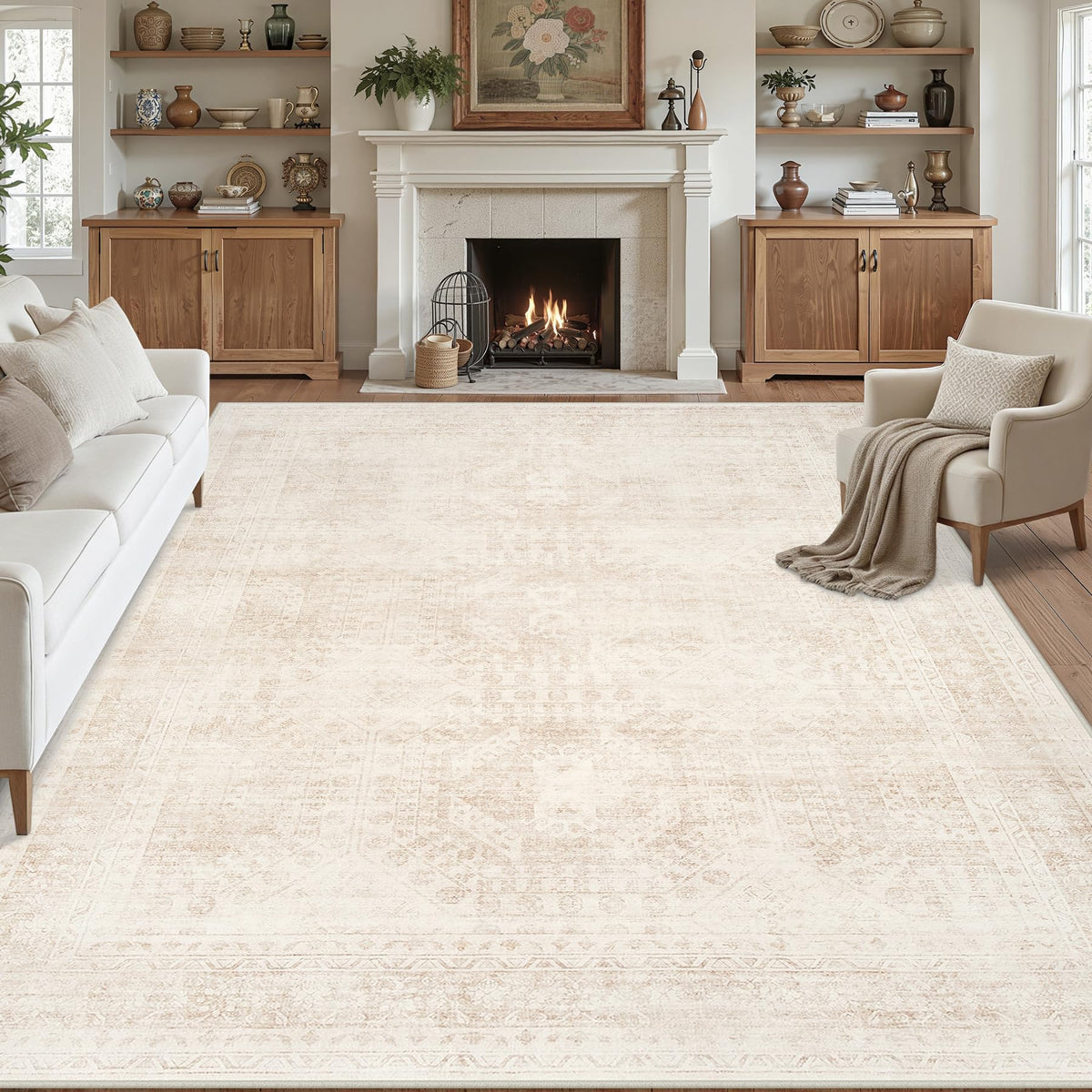 8x10 Area Rugs Living Room: Bedroom Washable Carpet Beige/Ivory