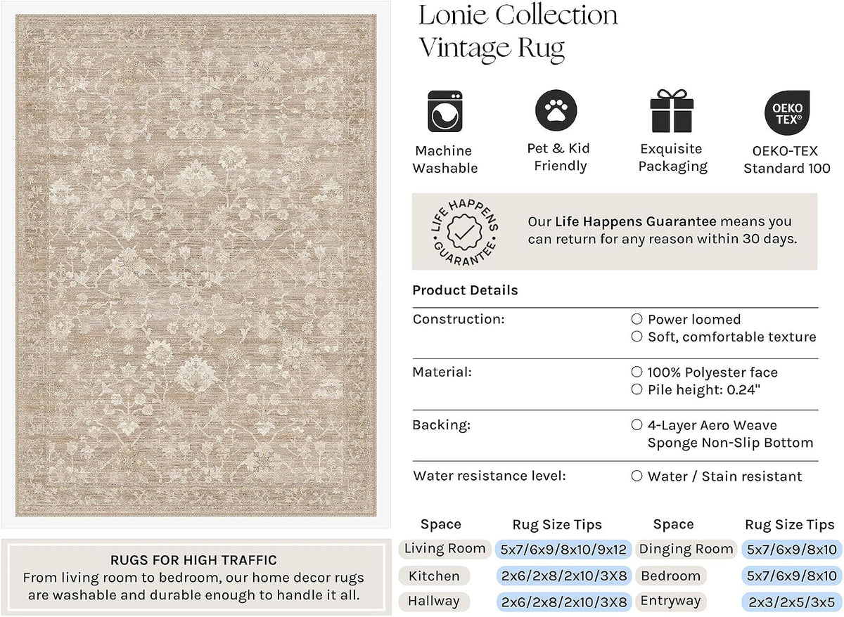 HUGEAR 8x10 Beige Neutral Area Rugs Washable Rug Carpet