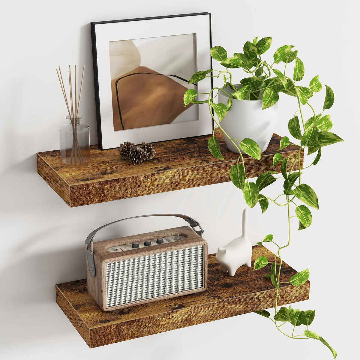 Fun Memories Floating Shelves - 2 Pack 12 Inch Rustic Wooden Wall Shelves - Extra Deeper & Thicker Wall Mounted Storage Shelf for Living Room, Kitchen, Farmhouse - 36" W x 12" D x 1.8" H - Brown