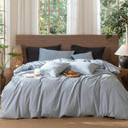 MooMee Striped Duvet Cover Set 100% Washed Cotton Linen Like Queen