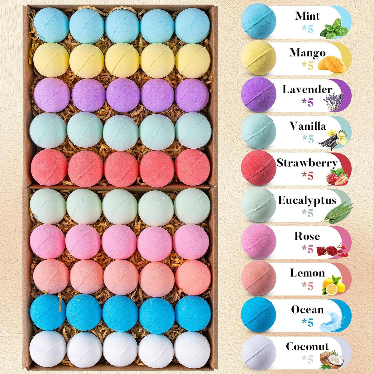 50 Pack Bath Bombs for Women Kids Bubble Bath 10 Scents Relaxing Spa Gifts