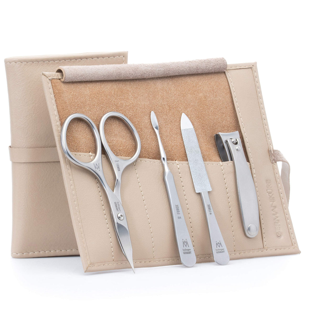 GERMANIKURE 7pc Manicure & Pedicure Set, FINOX Steel, Purple Leather Roll