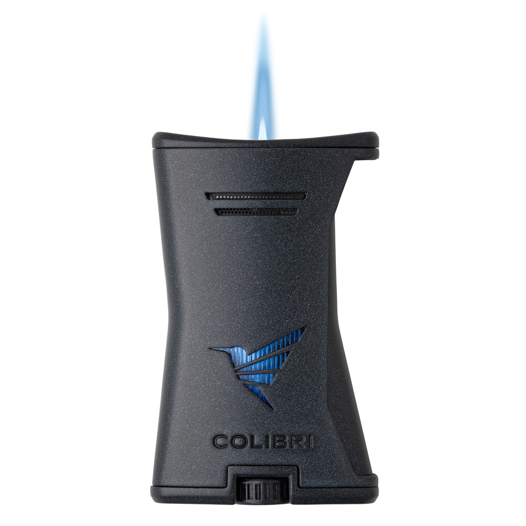 Colibri Premium Slim Torch Lighter - Windproof & Refillable, Cigar Enthusiast's Choice with Blue Fuel Window and Adjustable Flame (Black + Black) - Shipped Empty - no Butane.