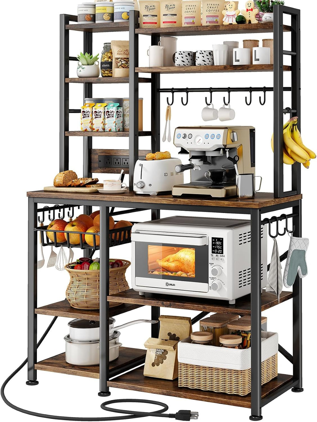 SNTD 6-Tier Bakers Rack with Power Outlets, 36 x 14.6 x 72 in, Rustic Brown