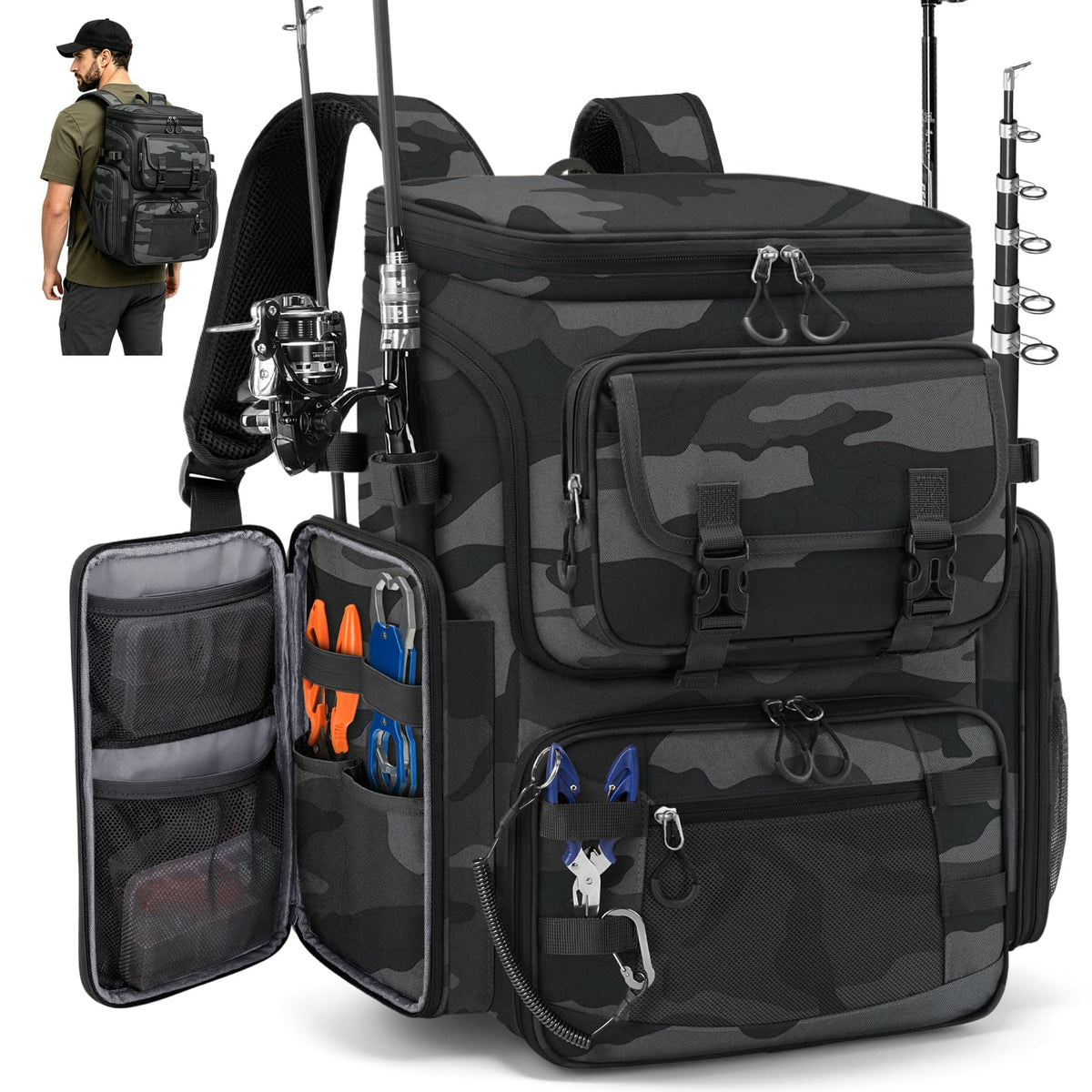 RAINSMORE Fishing Backpack, 45L Large Water-resistant Fishing Tackle Bag