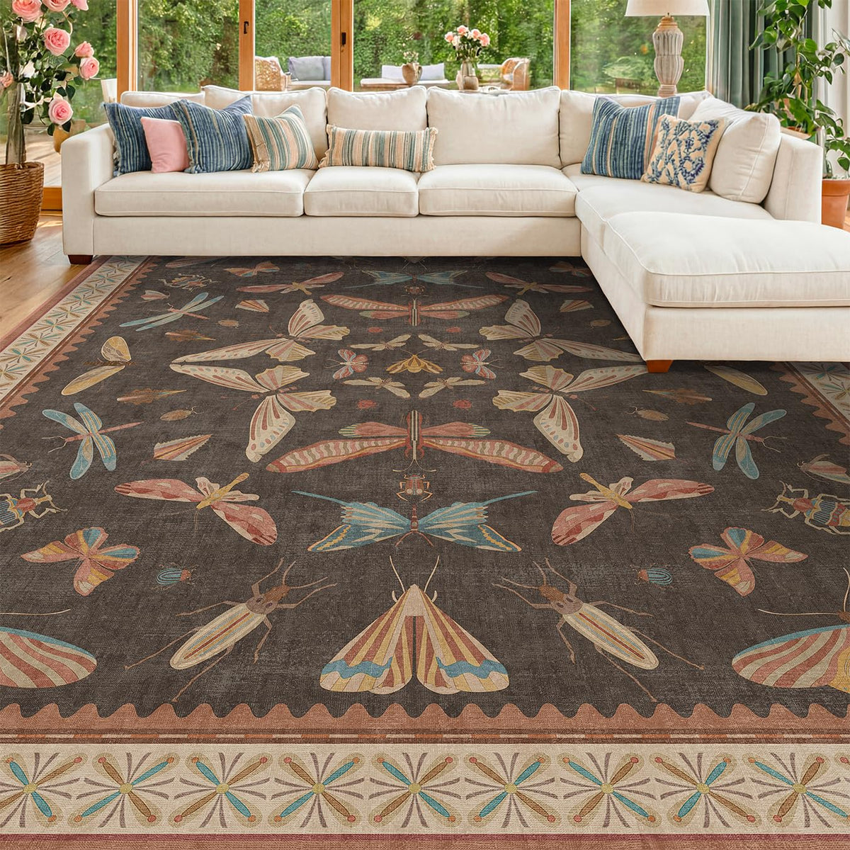 Hazo Haus Dark Green Insect Area Rugs 8x10 for Living Room, Dining Room Under Table, Bedroom, Unique Washable Floral Non Slip Low Pile Soft Rug