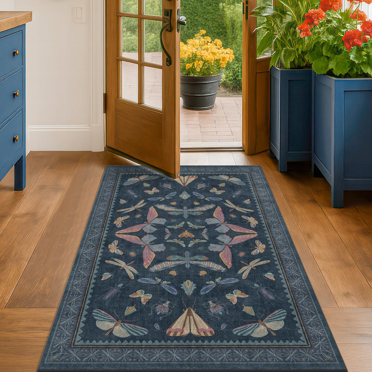 Hazo Haus Dark Green Insect Area Rugs 8x10 for Living Room, Dining Room Under Table, Bedroom, Unique Washable Floral Non Slip Low Pile Soft Rug