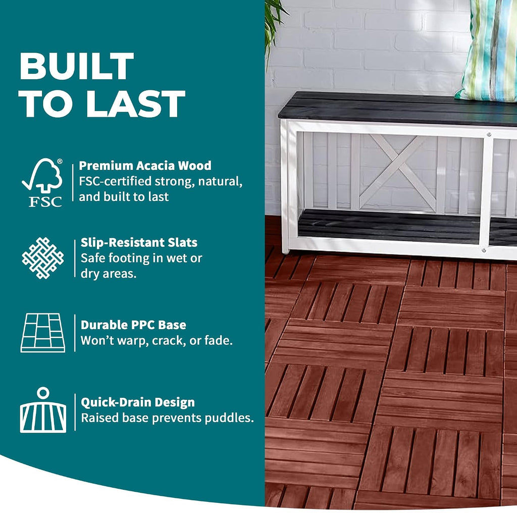 Bliss Outdoors Acacia Interlocking Deck Tiles, 6-Slat, Red, Set of 30