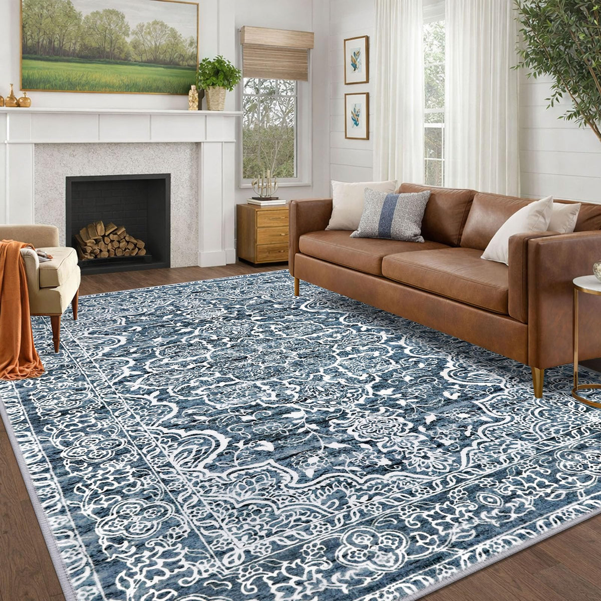 KUTA Vintage Extra Long Runners for Hallways 2.6x18ft Washable Blue White
