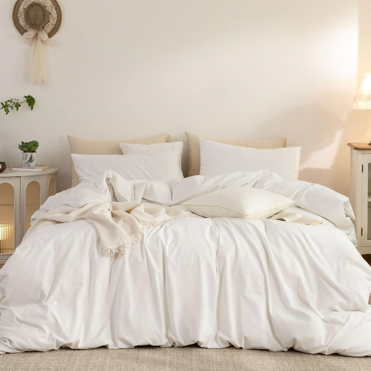 Duvet Cover Set Washed Cotton Embroidered Hem King 3‑Pcs
