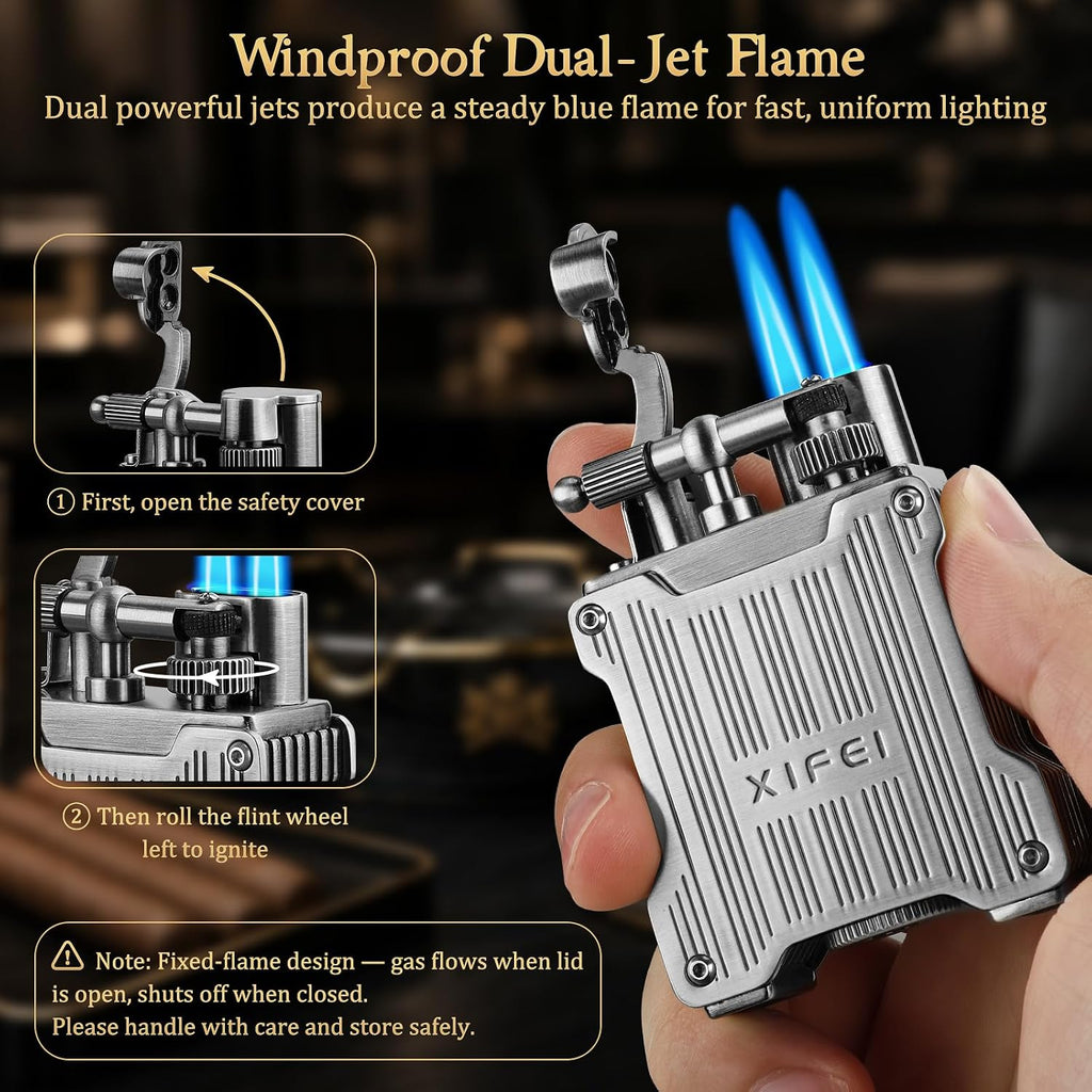XIFEI Classic Flint-Wheel Cigar Lighter, Adjustable Dual Jet Flame