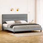 GRUSIGN King Size Platform Bed Frame with Velvet Headboard, Adjustable Height Wooden Slats Support, Upholstered Mattress Foundation, Fits Mattress or Mattress with Box Spring, Easy Assembly, Beige