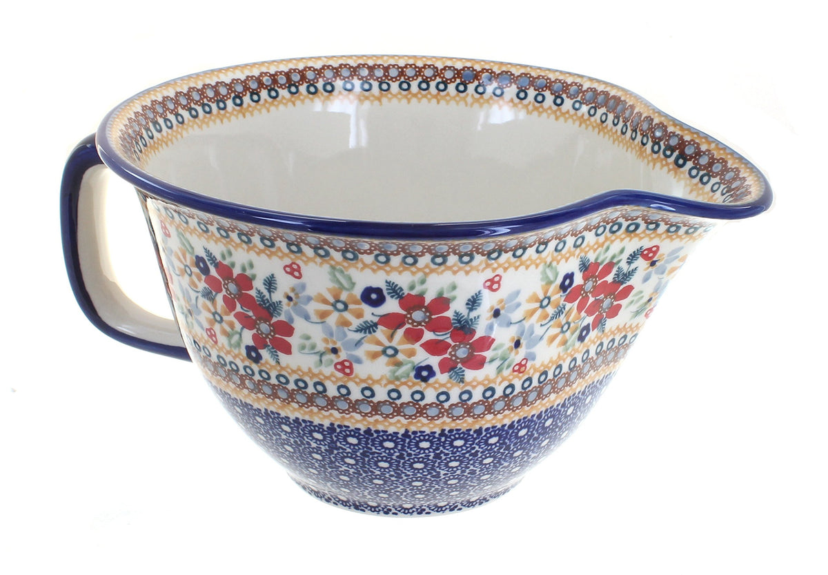Blue Rose Polish Pottery - Blue Tulip Batter Bowl - 10 Cup Capacity - Hand-Painted Ceramic Mixing & Pouring Bowl with Handle and Spout