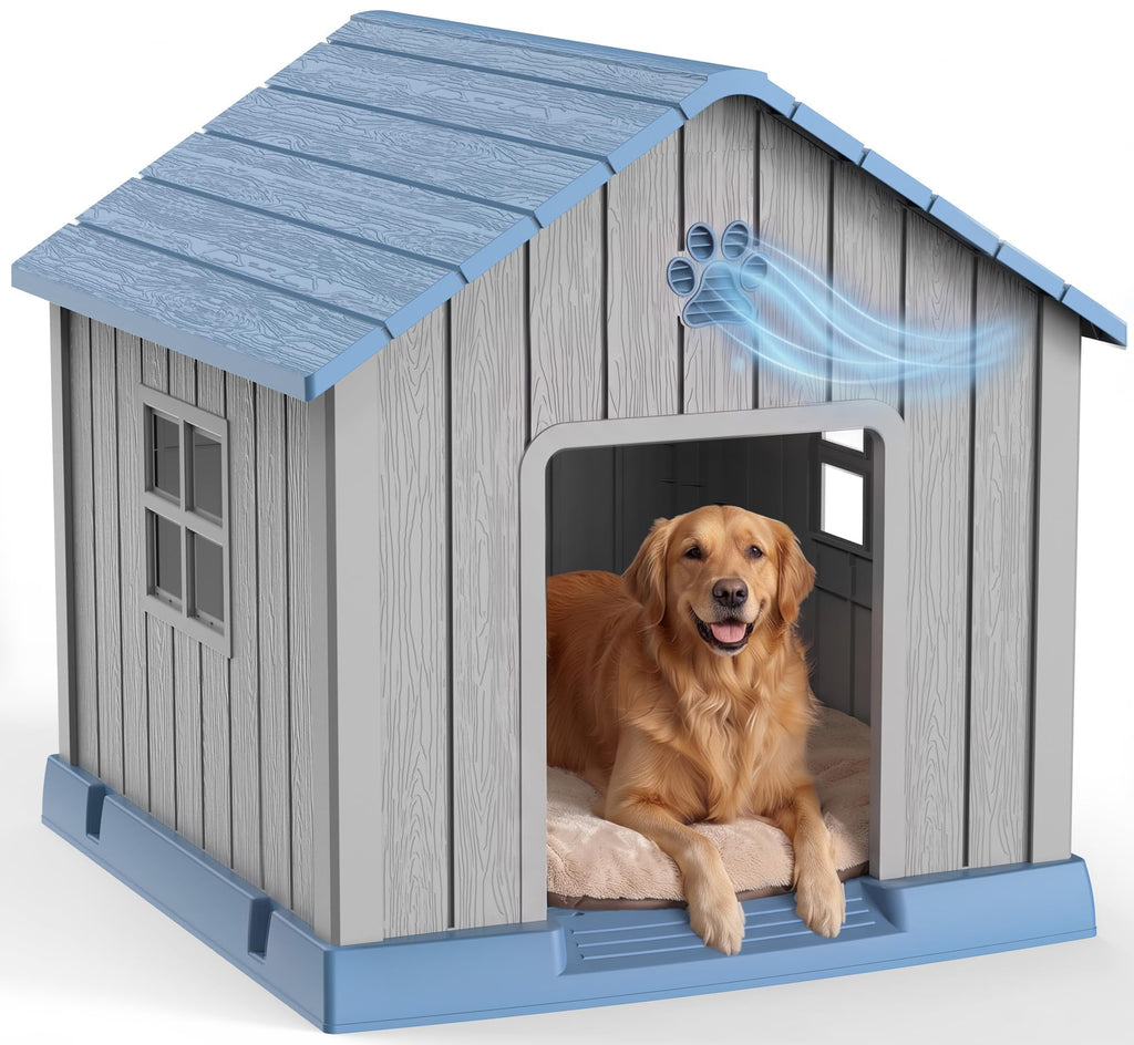 35 Inch Dog House Outdoor with Windows,Indoor/Outdoor,Blue