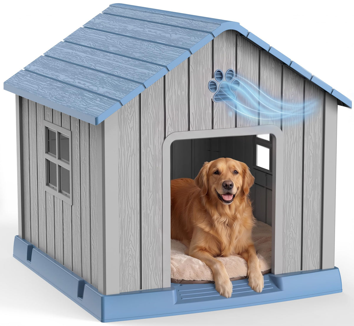 35 Inch Dog House Outdoor with Windows,Indoor/Outdoor,Blue