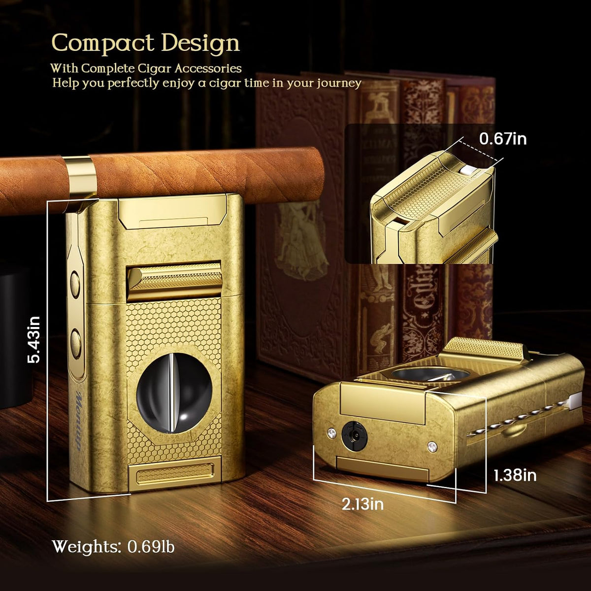 6-in-1 Cigar Torch Lighter, with Straight&V Cigar Cutter, 2 Cigar Punches, Cigar Draw Enhancer, Cigar Holder, Quad Flame Windproof Butane Lighter, Multifunctional Cigar Accessories, Gifts for Men