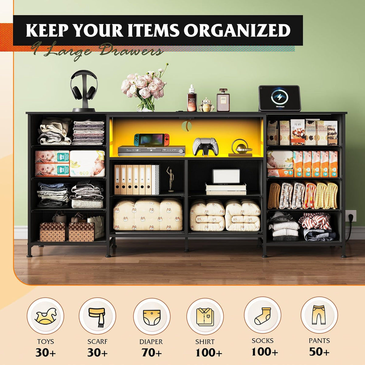 WLIVE LED Dresser TV Stand for 75 Inch TV, 12 Drawers, Black