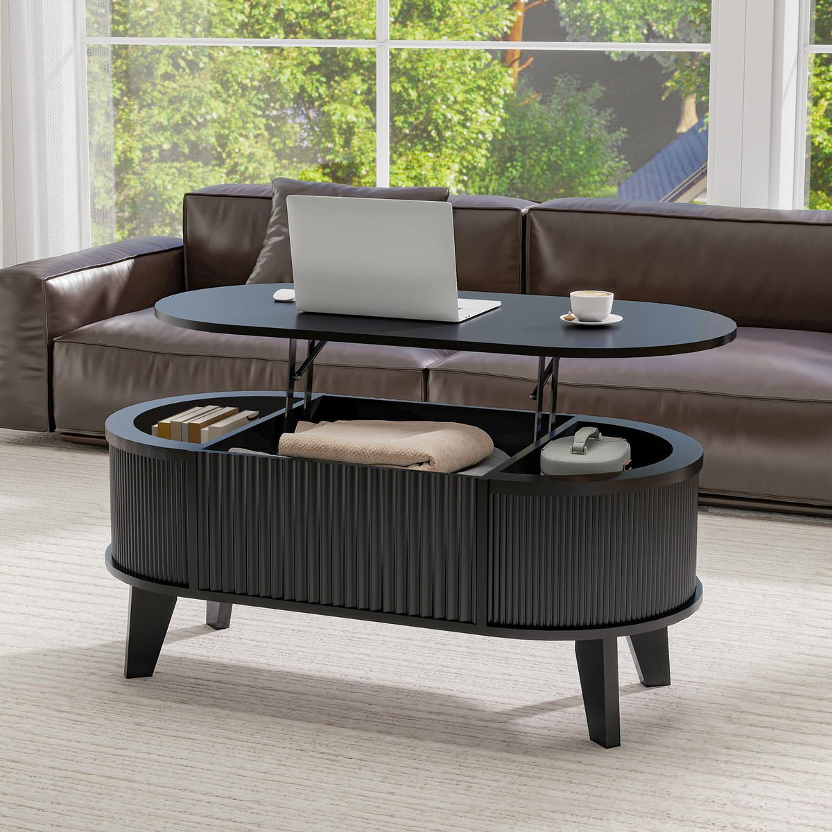 LYNCOHOME 43.3'' Fluted Lift Top Coffee Table with Storage,Modern Oval Coffee Table for Living Room or Home Office（Walnut）