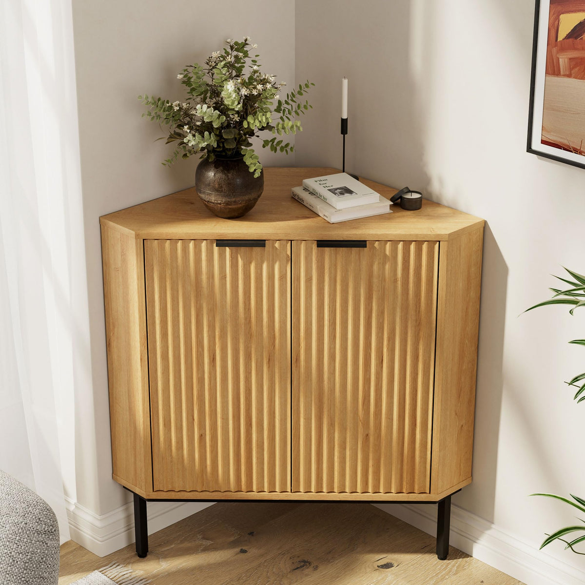 Fluted Corner Cabinet, Modern Small Floor Storage Cabinet with Adjustable Shelf, Wood Freestanding Narrow Organizer for Living Room Kitchen, Brown