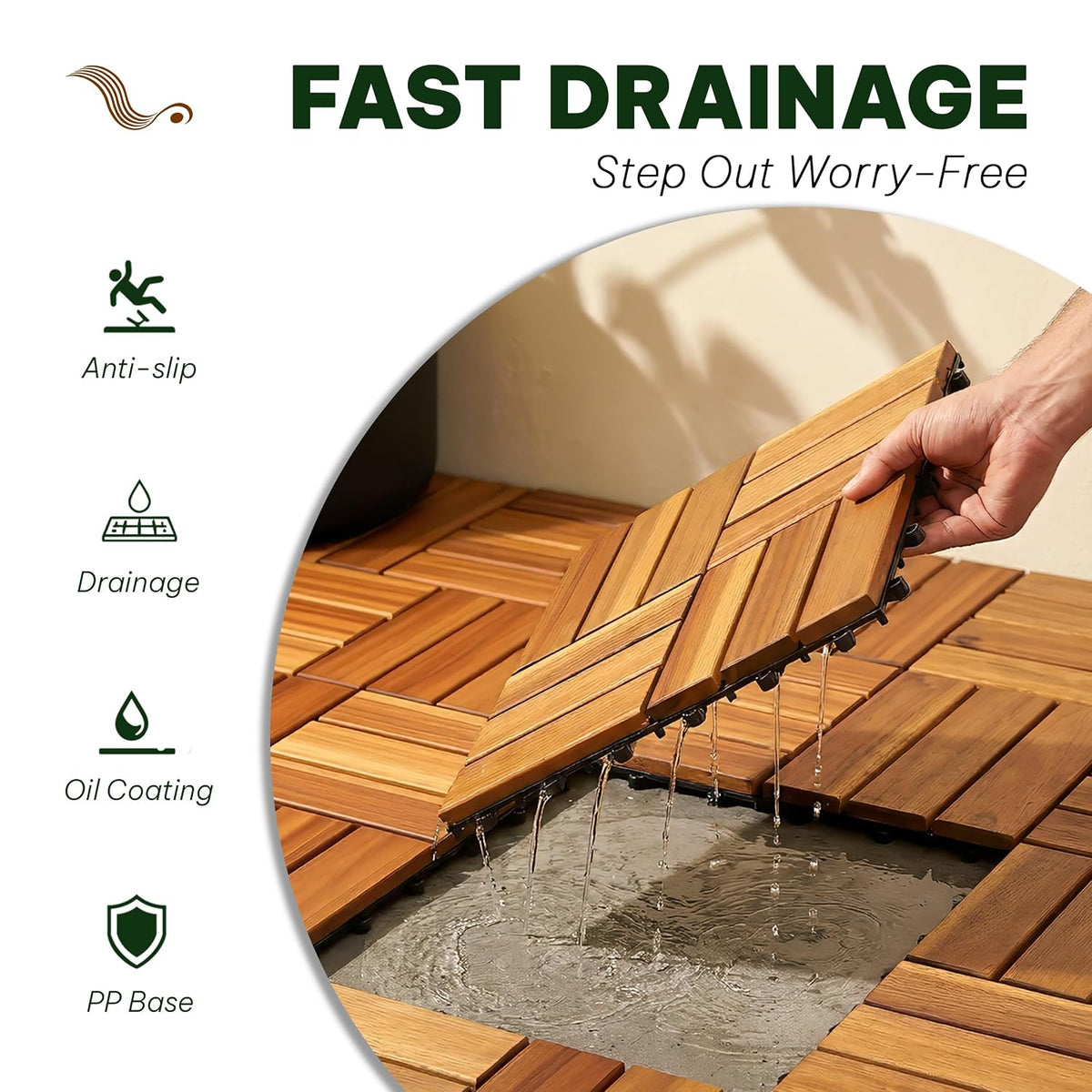 VICTORY RELAX Natural Acacia 12x12 Interlocking Wood Deck Tiles for Balcony, Garden, Patio, Poolside Decor - Waterproof Indoor & Outdoor Flooring - 12 Slats, Round Joints, Pack of 27, Natural Color