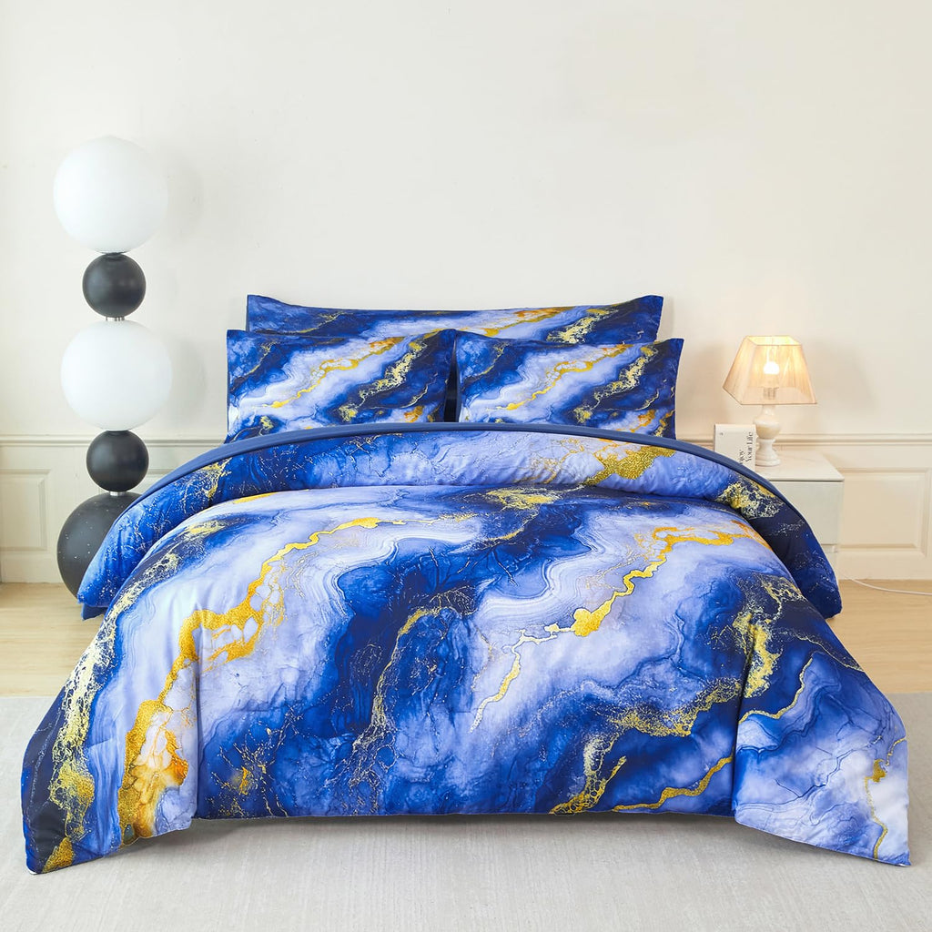 PERFEMET 6 Piece Teal King Size Comforter Set Watercolor Marble Bedding Set