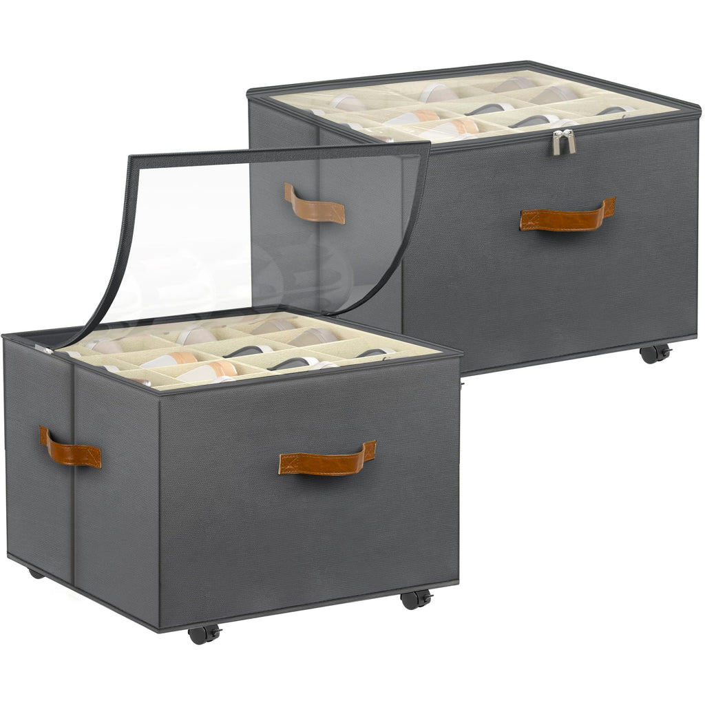 Foyego 2 Pack Shoe Organizer for Closet, Shoe Storage with Wheels, Gray