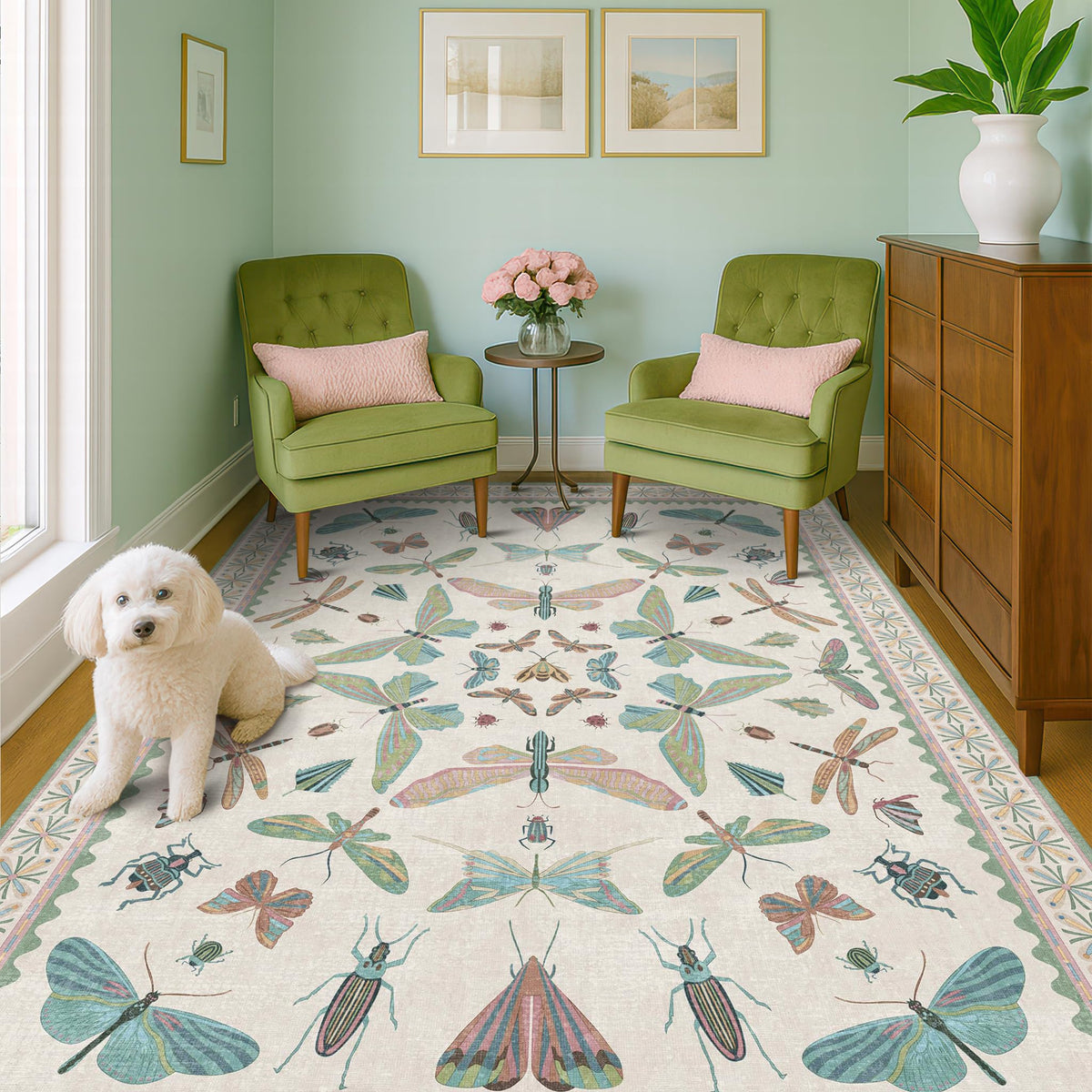 Hazo Haus Dark Green Insect Area Rugs 8x10 for Living Room, Dining Room Under Table, Bedroom, Unique Washable Floral Non Slip Low Pile Soft Rug