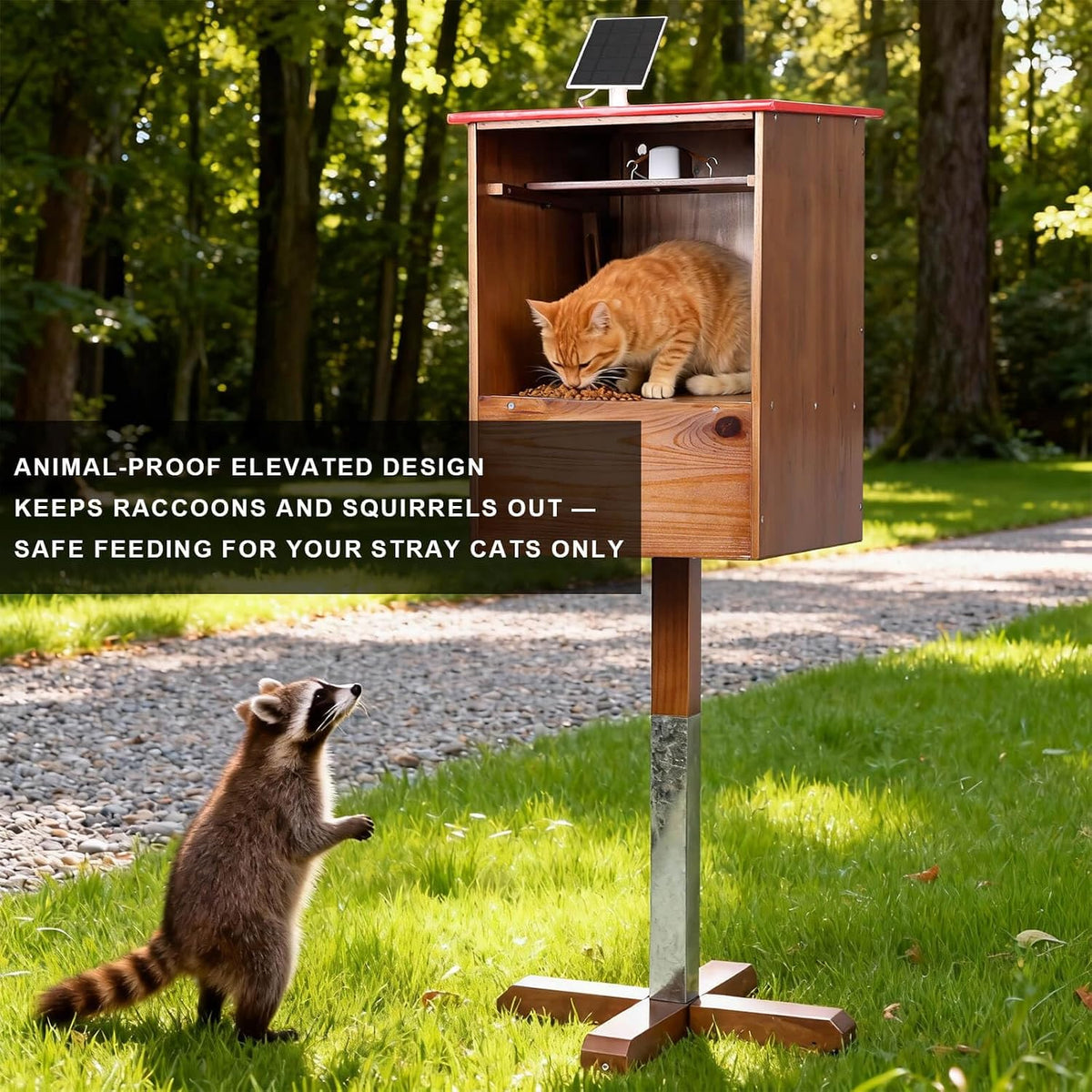 Outdoor Cat Feeding Station with Camera, Solar Powered Raccoon Proof Feral Cat Feeder, Weatherproof Elevated Outdoor Cat Feeder with Dual Viewing Angles & App Alerts