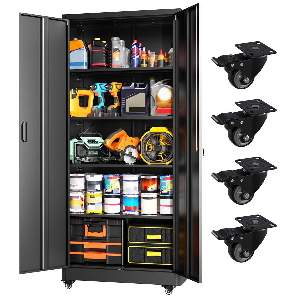 Greenvelly Metal Garage Storage Cabinet with 4 Swivel Wheels, 73" Black Storage Cabinet on Wheels, Rolling Tool Cabinet with Locking Doors and Shelves for Garage, Basement, Home, Warehouse