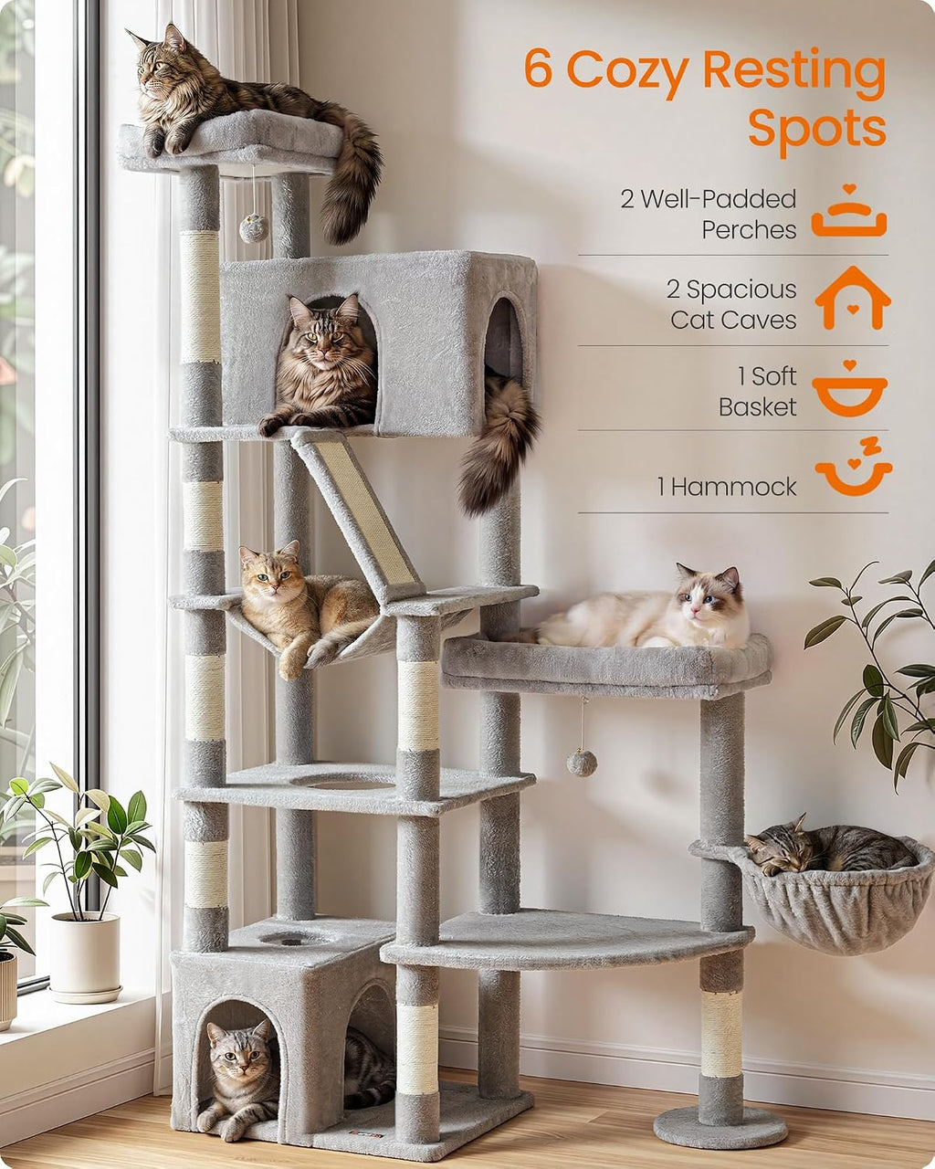 Feandrea Large Cat Tree, 74.1" Tall Sturdy Cat Tower for Indoor, Dove Gray