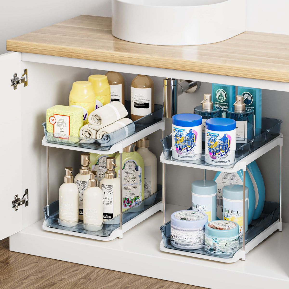 Delamu 2-Tier Multi-Purpose Bathroom Under Sink Organizers and Storage, Stackable Kitchen Pantry Organization, Pull Out Medicine Cabinet Organizer with Movable Dividers, White, 4Pack