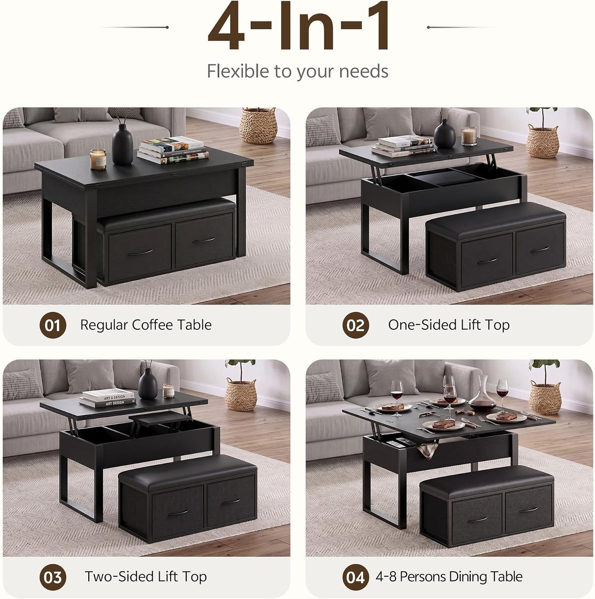Lift Top Coffee Table with Storage Bench, Black