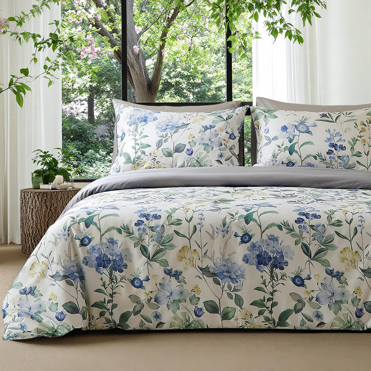mixinni Garden Style Cotton Flowers and Birds Pattern Printed Duvet Cover Reversible Design Peacock Blue 3 Piece Bedding Duvet Set with Zipper Closure, Perfect for Him and Her-Queen Size