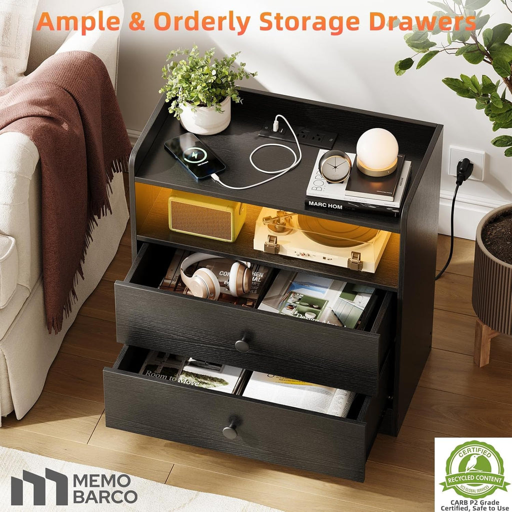Memobarco Nightstand with Charging Station and LED Light, Black