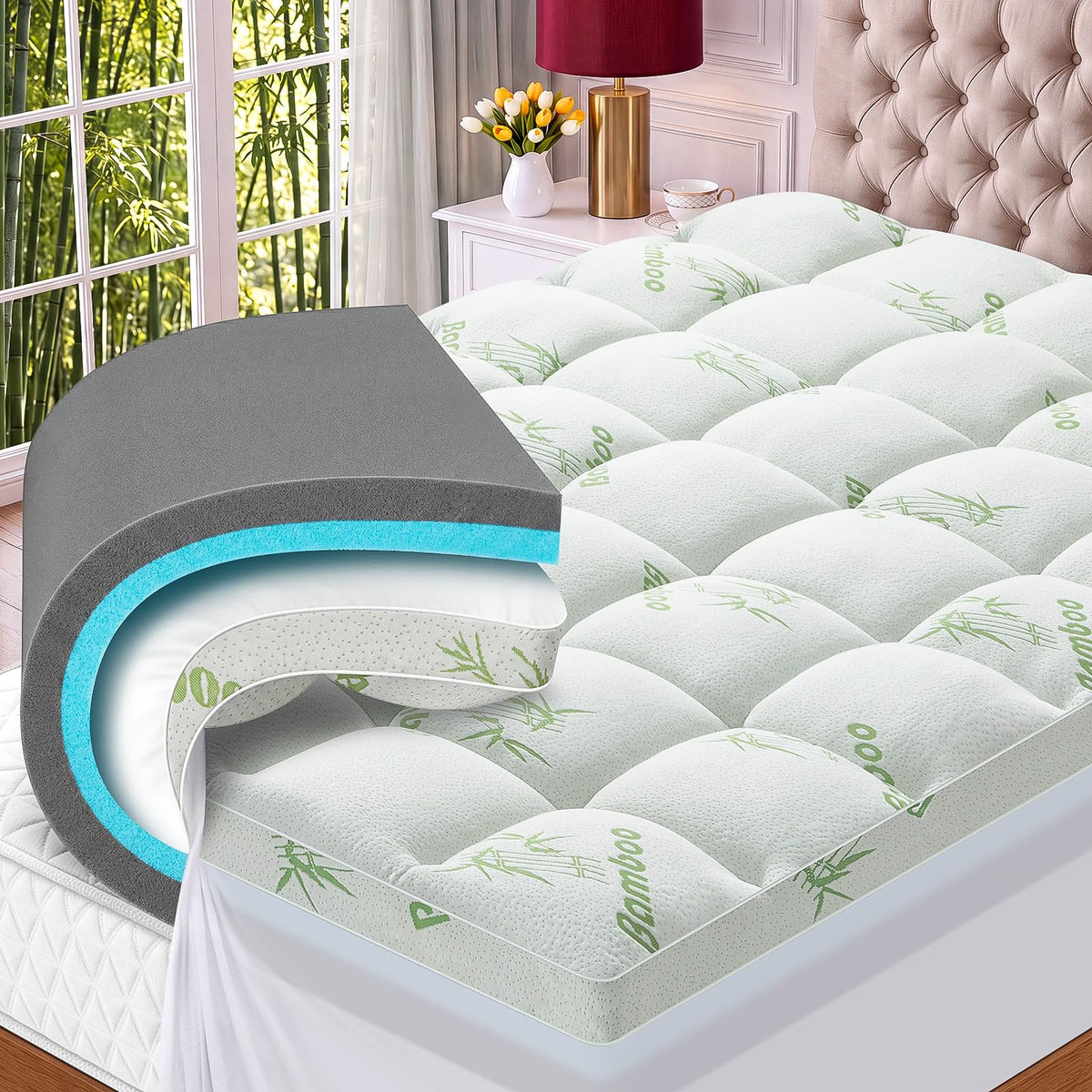 MASVIS 4 Inch King Mattress Topper, 2-in-1 Dual Layer Design, 2" Gel Memory Foam and 2" Pillow Top Mattress Pad Cover, Viscose Made from Bamboo, Pressure Relief & Medium Firm Support