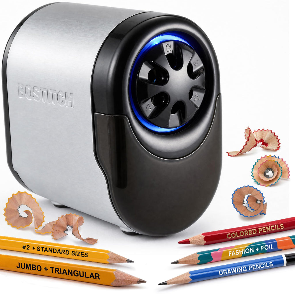 Bostitch Office SuperPro Glow Electric Pencil Sharpener, Sharpens Standard & Colored Pencils, Heavy Duty Commercial Classroom, Replaceable Cutter Cartridge System, 6-Hole, Silver/Black