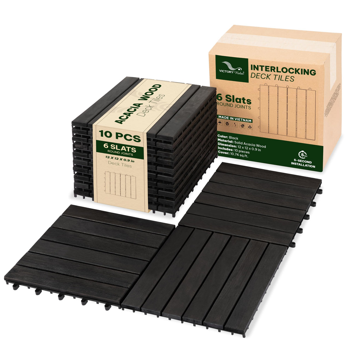 VICTORY RELAX Natural Acacia 12x12 Interlocking Wood Deck Tiles for Balcony, Garden, Patio, Poolside Decor - Waterproof Indoor & Outdoor Flooring - 12 Slats, Round Joints, Pack of 27, Natural Color