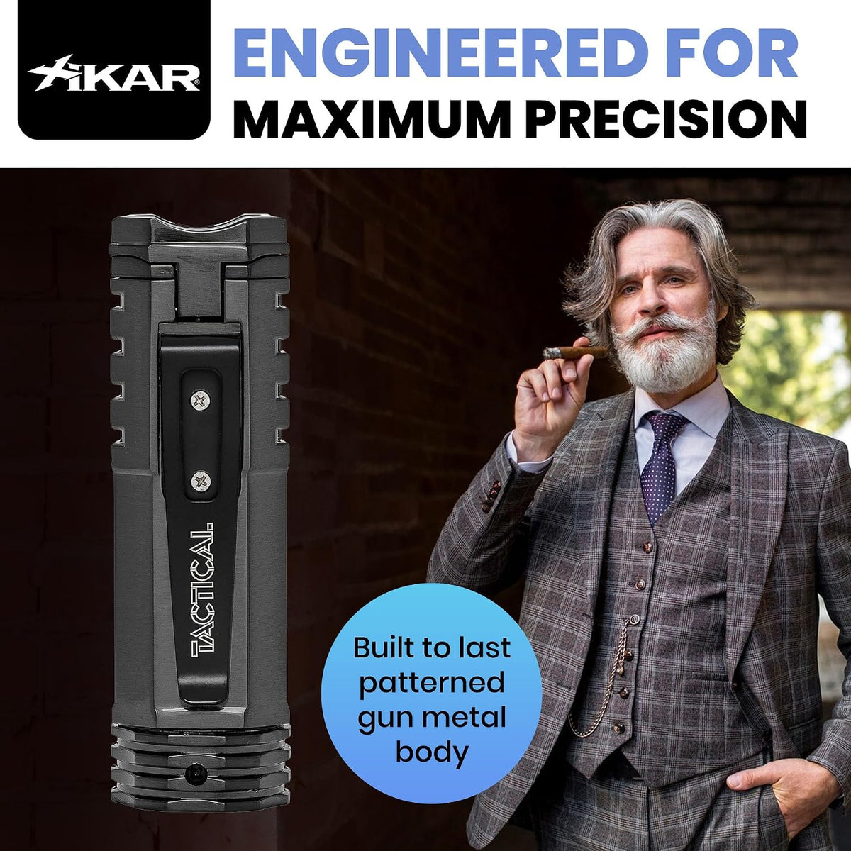 XIKAR Tactical Single-Jet Lighter, Gunmetal - Powerful Flame, Rugged Design with Rest Feature, Pocket Clip, EZ-View Fuel Window, and Adjustable Flame Height - Ideal for Outdoor Use