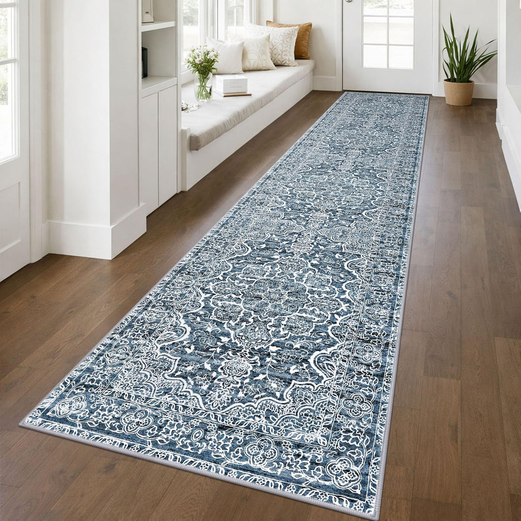 KUTA Vintage Extra Long Runners for Hallways 2.6x18ft Washable Blue White